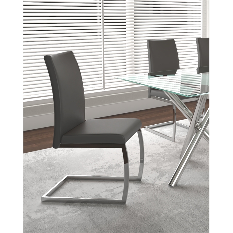 Sela Gray Faux Leather Padded Dining Chairs Chrome Cantilever Base Set of 2