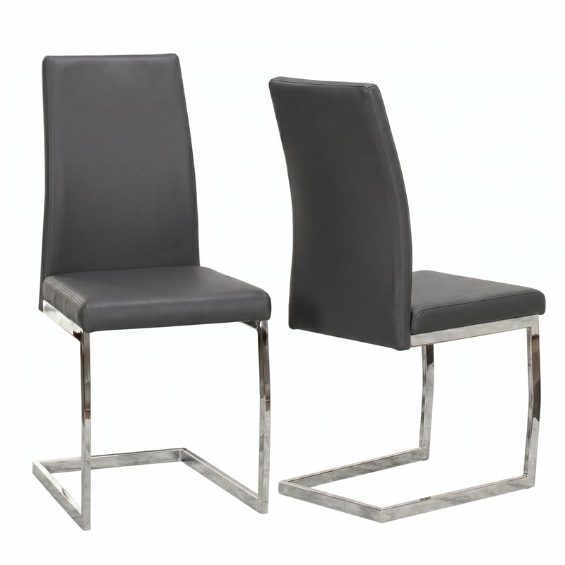 Sela Gray Faux Leather Padded Dining Chairs Chrome Cantilever Base Set of 2