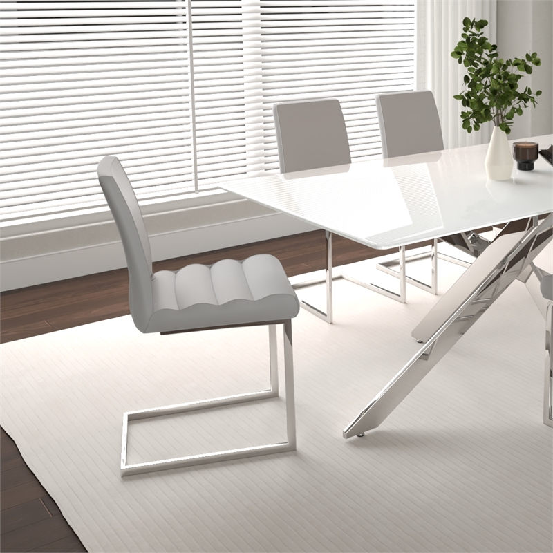 Delta Light Gray Faux Leather Chrome Cantilever Dining Chair Set of 2 Sidechairs