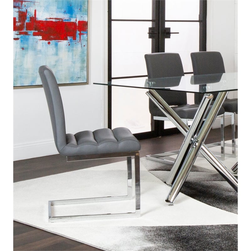 Delta Dark Gray Faux Leather Chrome Cantilever Dining Chairs Set of 2 Sidechairs