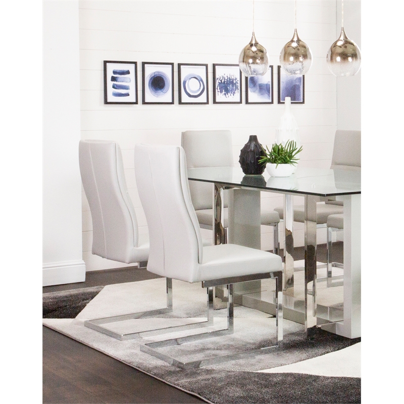Opal Light Gray Faux Leather Chrome Cantilever Dining Chairs Set of 2 Sidechairs