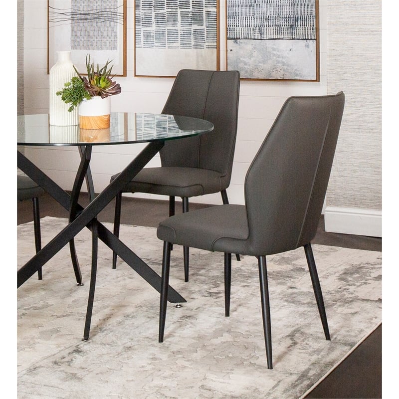 Mara Faux Leather Dark Gray Dining Chairs Black Legs Set of 2 Kitchen Sidechairs