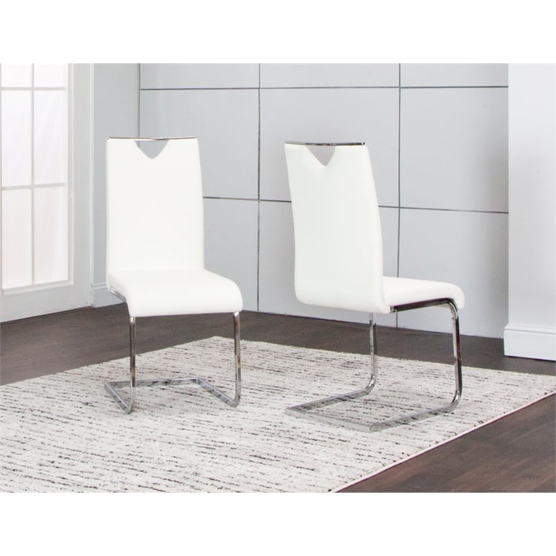 Doral White Faux Leather Dining Chairs w Chrome Cantilever Base Set of 2