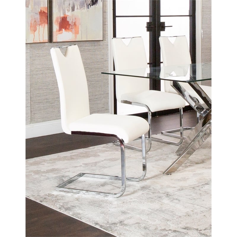 Doral White Faux Leather Dining Chairs w Chrome Cantilever Base Set of 2
