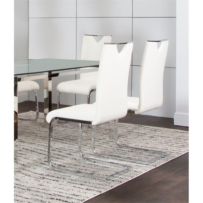 Doral White Faux Leather Dining Chairs w Chrome Cantilever Base Set of 2