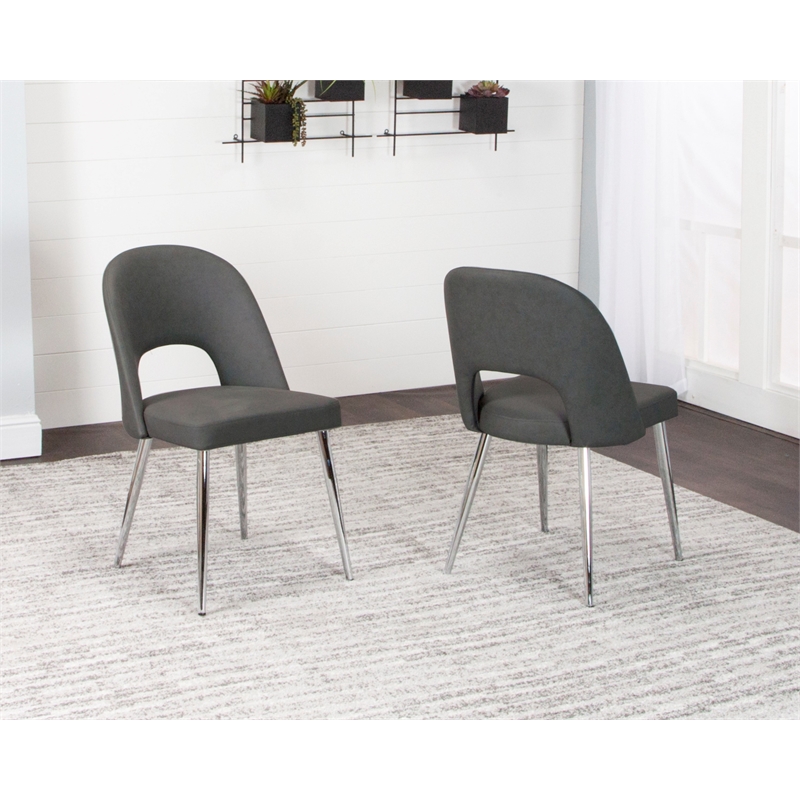 Mia Dark Gray Faux Leather Dining Chairs w Chrome Metal Tapered Legs Set of 2