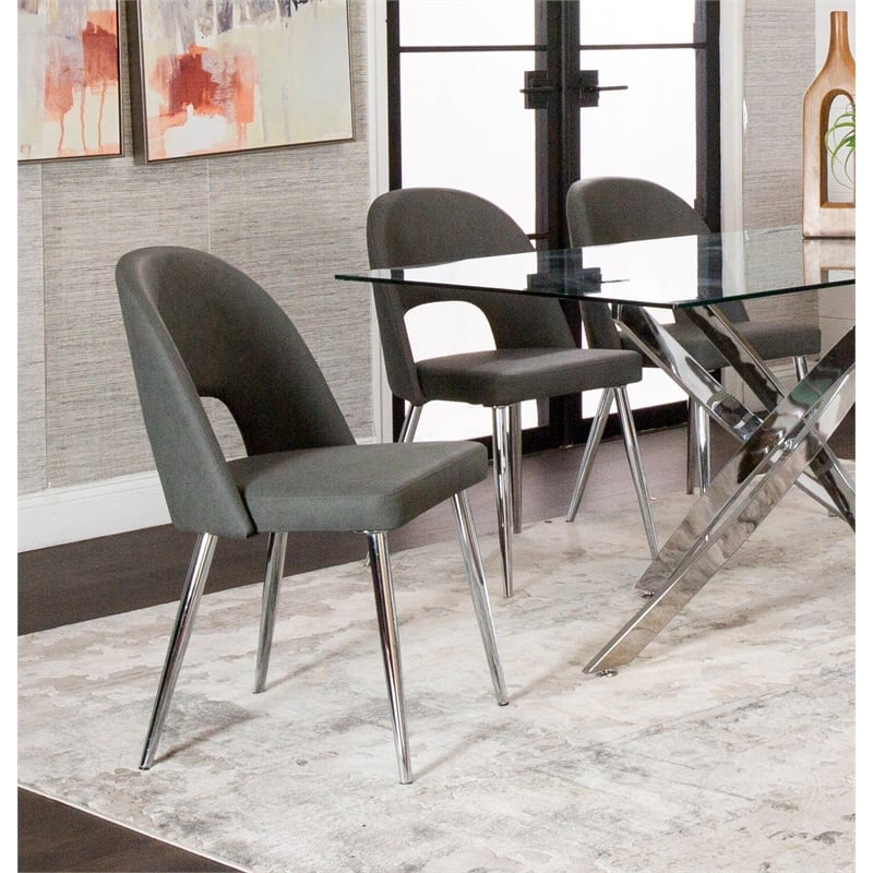Mia Dark Gray Faux Leather Dining Chairs w Chrome Metal Tapered Legs Set of 2