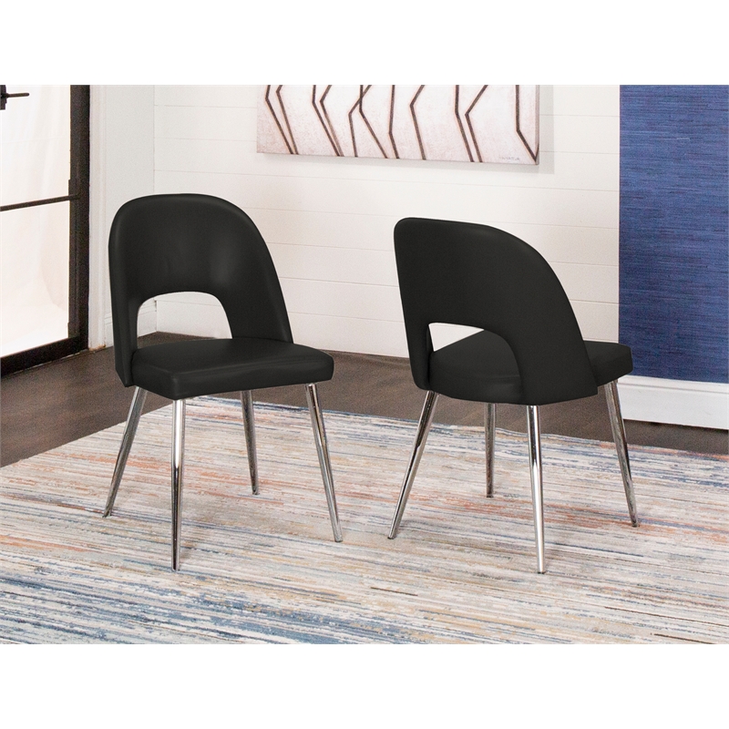 Mia Black Faux Leather Dining Chairs w Chrome Tapered Legs Set of 2