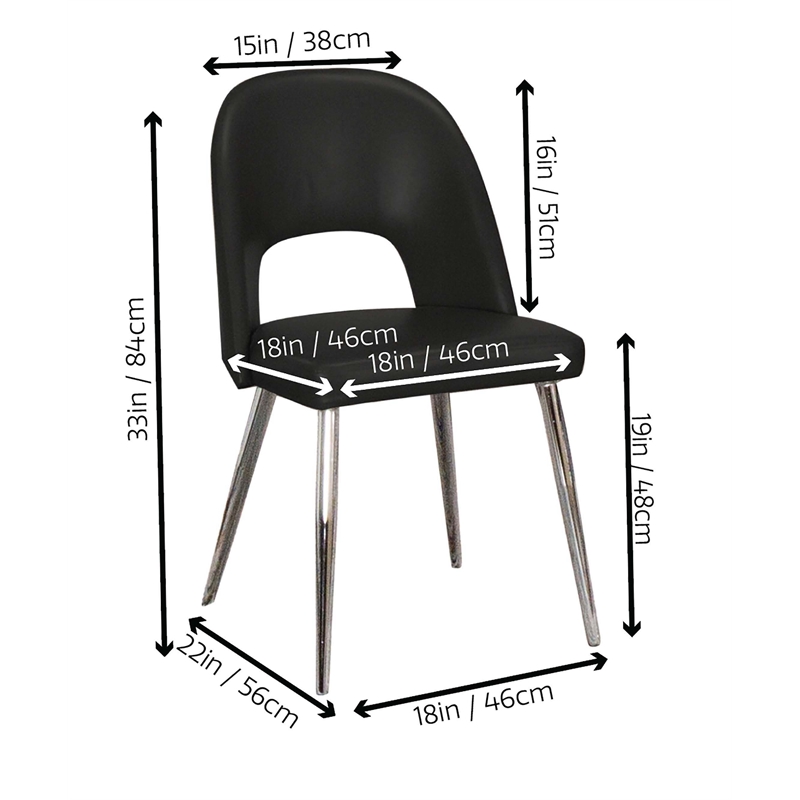 Mia Black Faux Leather Dining Chairs w Chrome Tapered Legs Set of 2