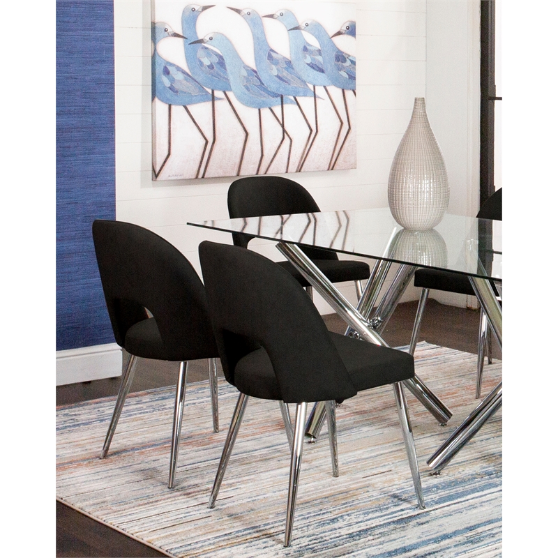 Mia Black Faux Leather Dining Chairs w Chrome Tapered Legs Set of 2