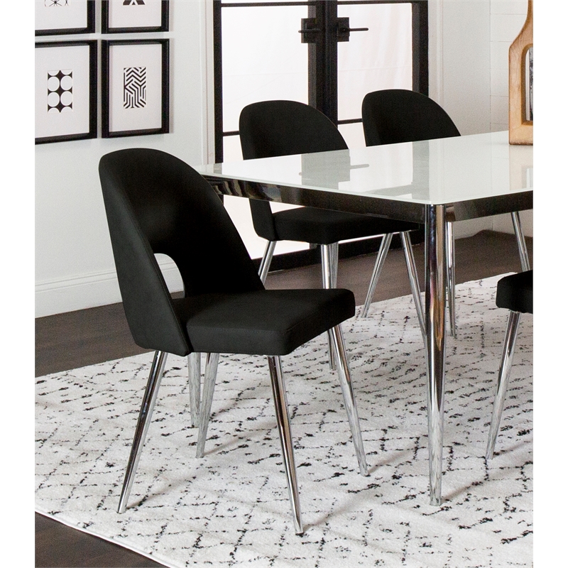 Mia Black Faux Leather Dining Chairs w Chrome Tapered Legs Set of 2
