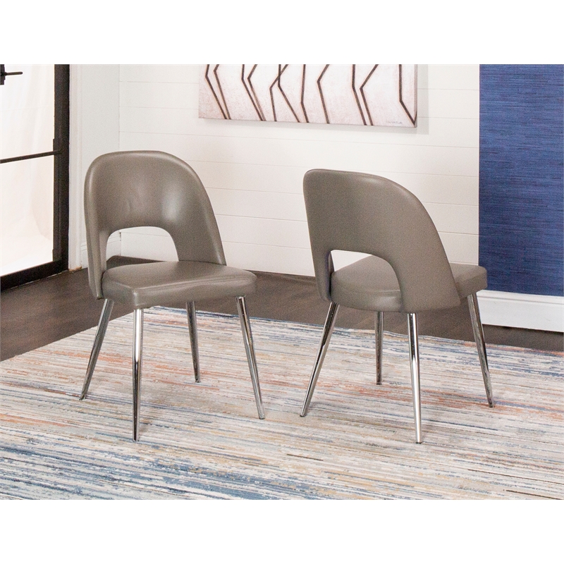 Mia Mushroom Taupe Faux Leather Dining Chairs w Chrome Tapered Legs Set of 2