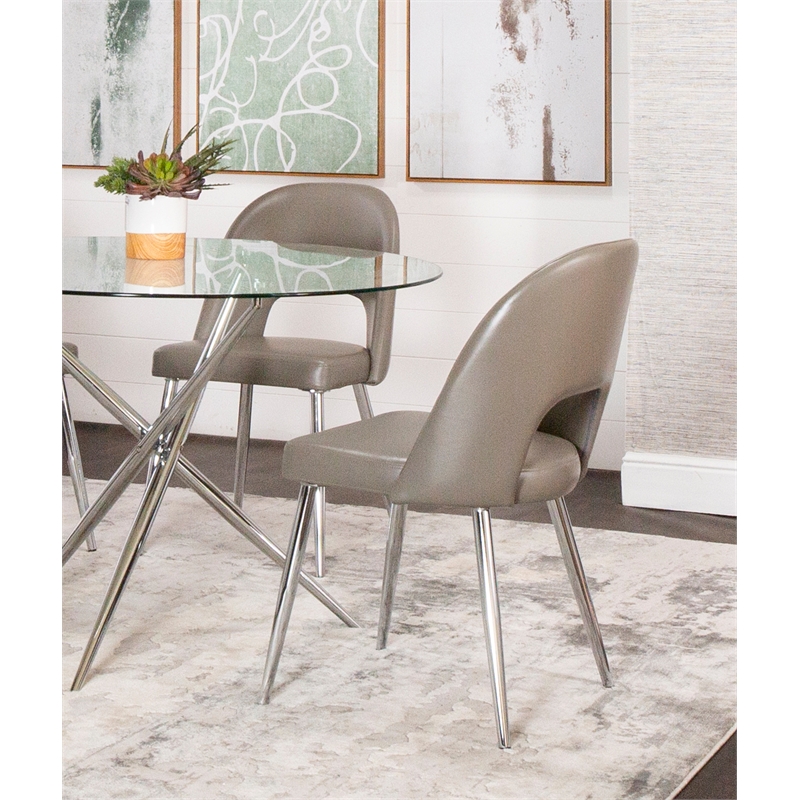 Mia Mushroom Taupe Faux Leather Dining Chairs w Chrome Tapered Legs Set of 2