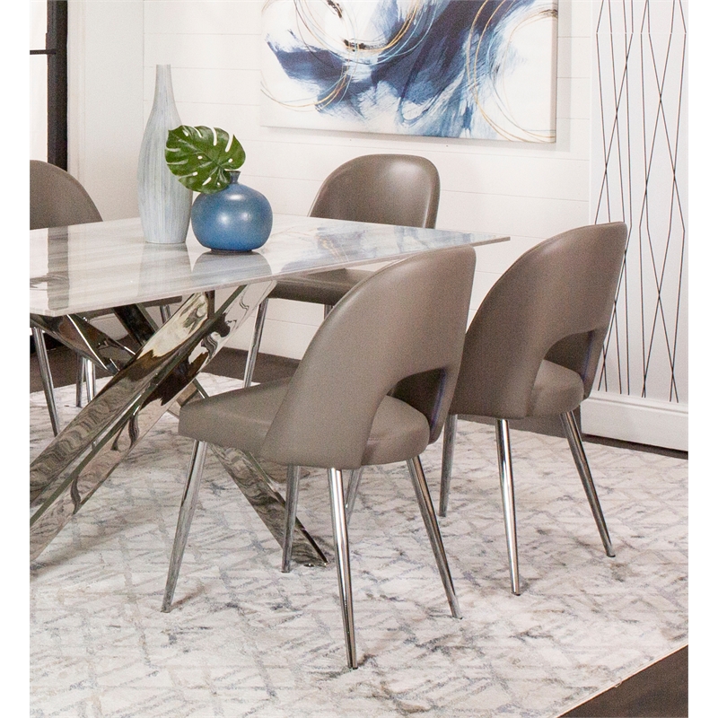 Mia Mushroom Taupe Faux Leather Dining Chairs w Chrome Tapered Legs Set of 2