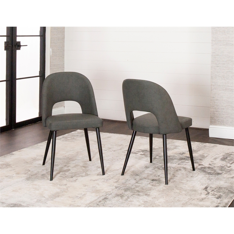 Portia Dark Gray Faux Leather Dining Chairs w Black Metal Tapered Legs Set of 2