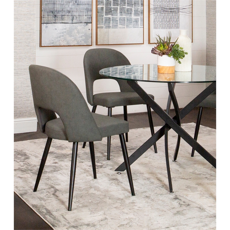Portia Dark Gray Faux Leather Dining Chairs w Black Metal Tapered Legs Set of 2