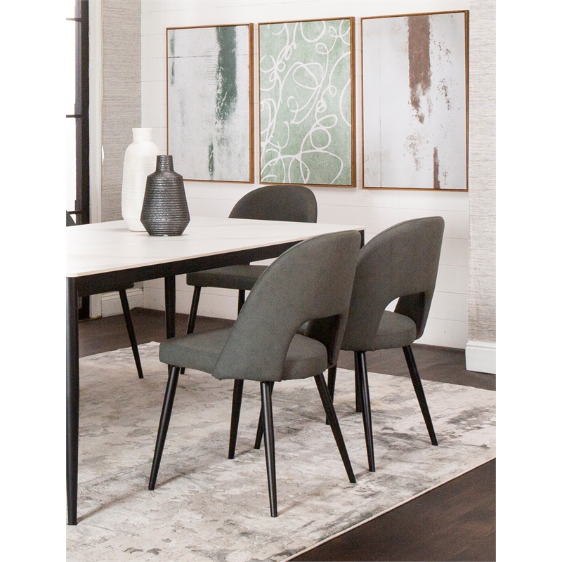 Portia Dark Gray Faux Leather Dining Chairs w Black Metal Tapered Legs Set of 2