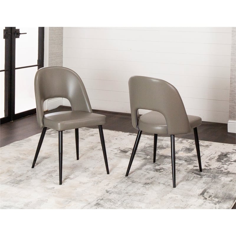 Portia Mushroom Gray Faux Leather Dining Chairs w Black Metal Legs Set of 2