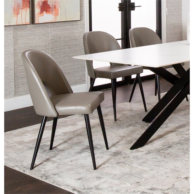 Portia Mushroom Gray Faux Leather Dining Chairs w Black Metal Legs Set of 2