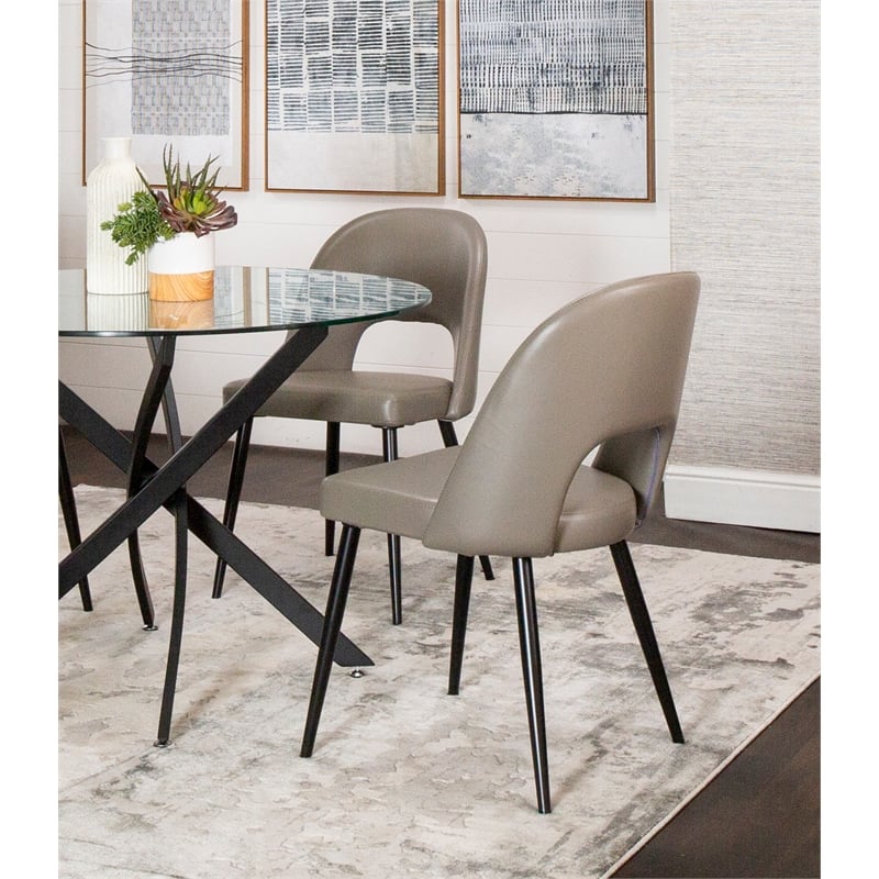 Portia Mushroom Gray Faux Leather Dining Chairs w Black Metal Legs Set of 2