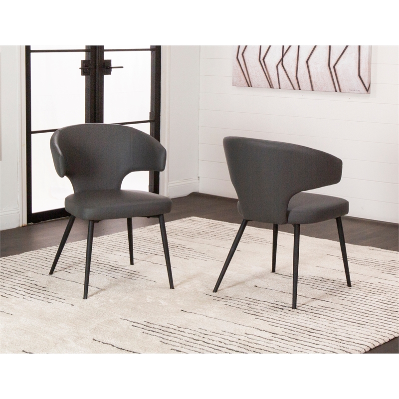 Corin Dark Gray Faux Leather Dining Chairs w Black Powder-Coated Legs Set of 2