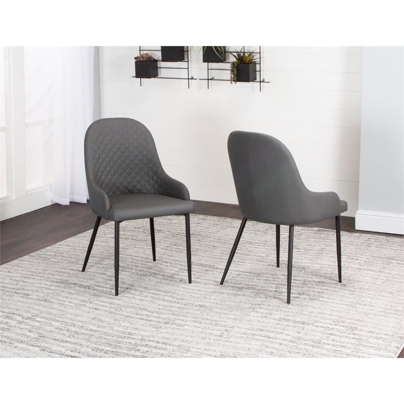 Tia Charcoal Gray Faux Leather Dining Chairs w Black Metal Legs Set of 2