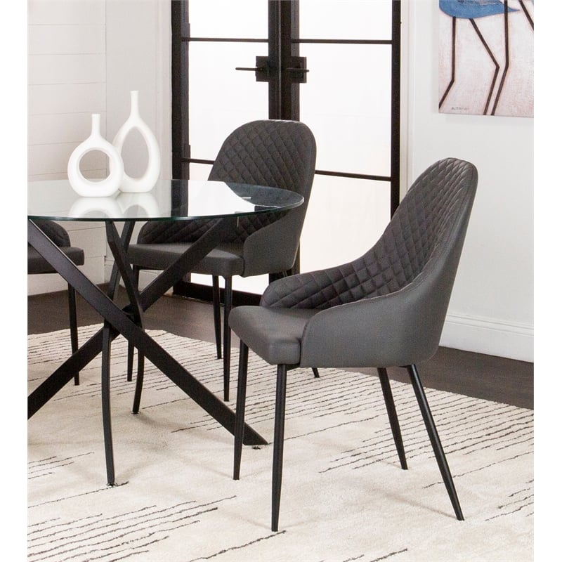 Tia Charcoal Gray Faux Leather Dining Chairs w Black Metal Legs Set of 2