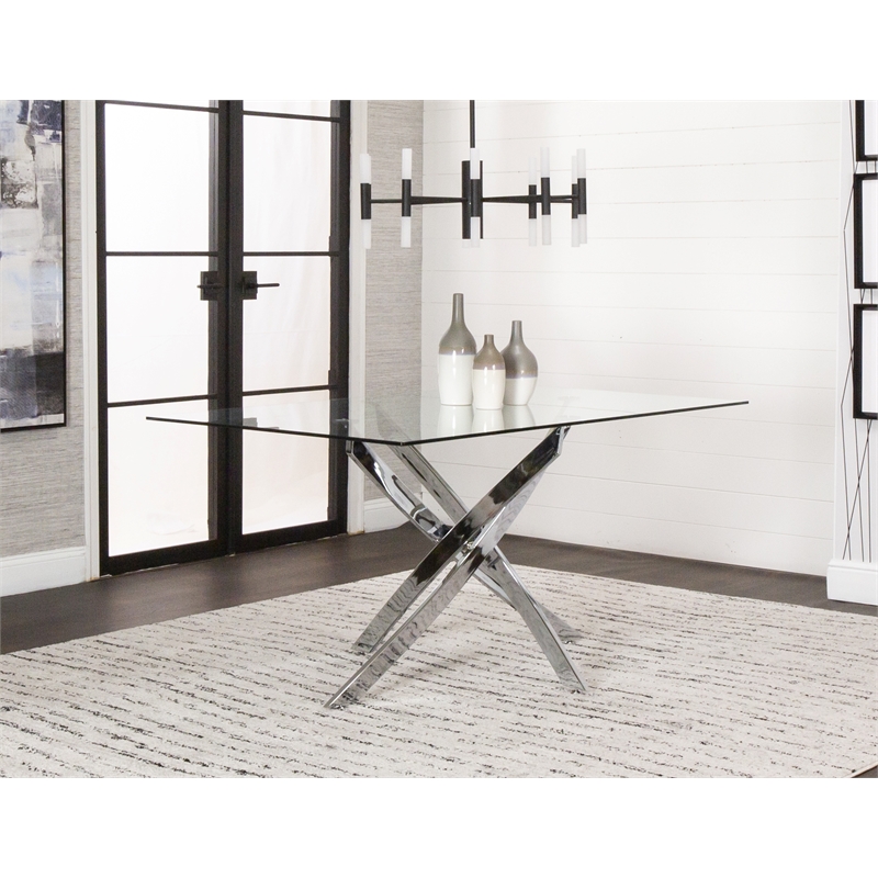 Venu Rectangle 63x35 Clear Glass Top Dining Table w Chrome Metal Geometric Legs