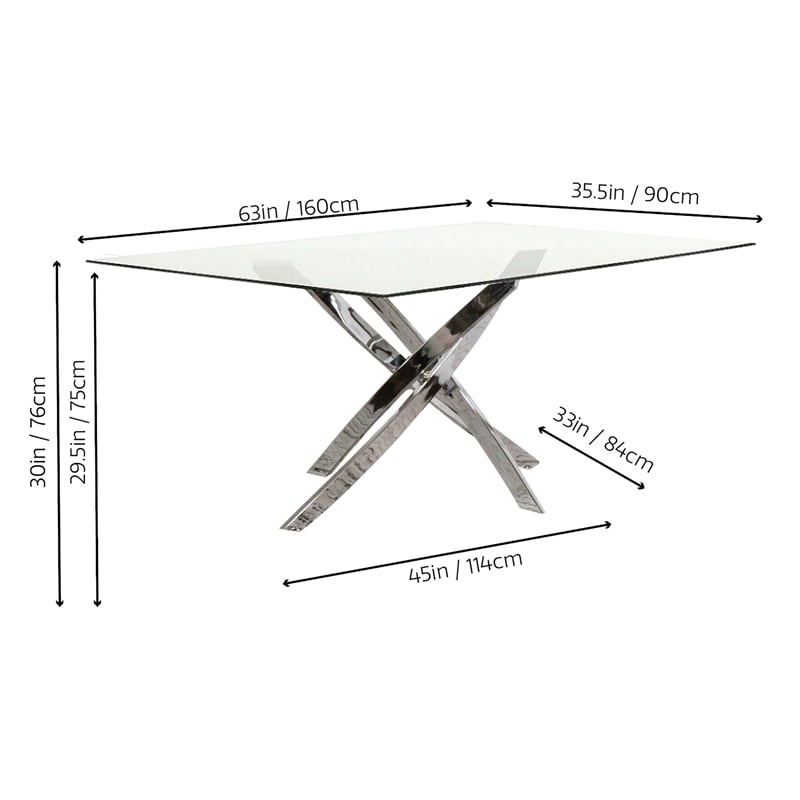 Venu Rectangle 63x35 Clear Glass Top Dining Table w Chrome Metal Geometric Legs