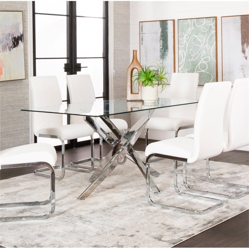 Venu Rectangle 63x35 Clear Glass Top Dining Table w Chrome Metal Geometric Legs