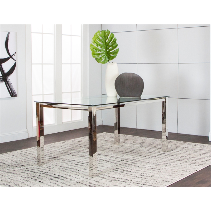 Sklar Rectangle 63x35 Tempered Glass Dining Table w Stainless Steel Metal Legs