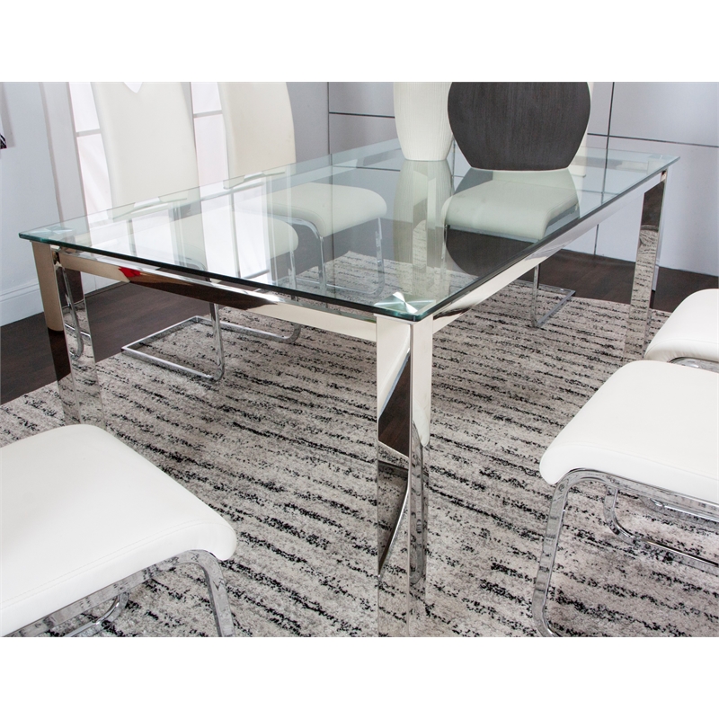 Sklar Rectangle 63x35 Tempered Glass Dining Table w Stainless Steel Metal Legs