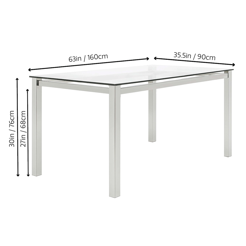 Sklar Rectangle 63x35 Tempered Glass Dining Table w Stainless Steel Metal Legs
