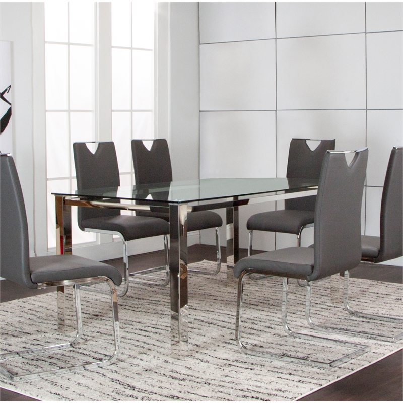 Sklar Rectangle 63x35 Tempered Glass Dining Table w Stainless Steel Metal Legs