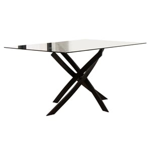 Leda 63x35&quot Rectangle Tempered Glass Dining Table w Black Geometric Metal Legs