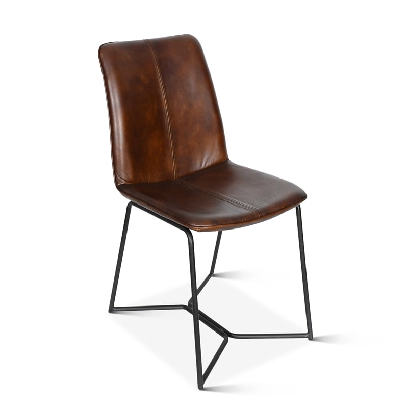 Austin Two Chestnut Brown TopGrain Buffalo Leather Dining Chairs Black Iron