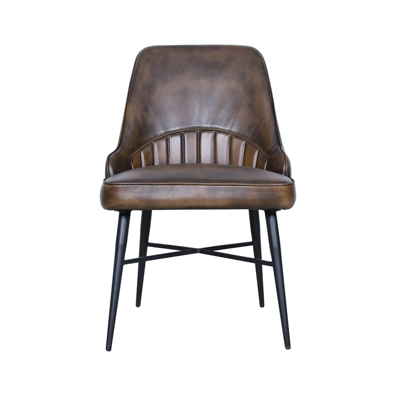 Hudson Whiskey Brown Top-Grain Buffalo Leather Dining Chair /Black Iron Leg