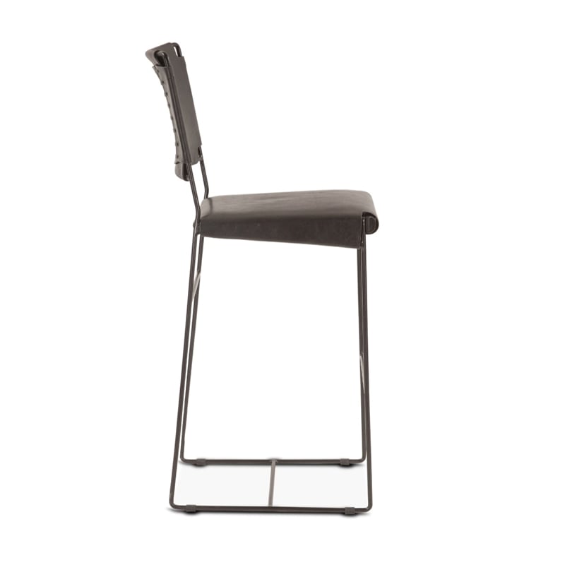 Bowden Counter Height Black Top Grain Buffalo Leather Stool w Iron Sled Legs