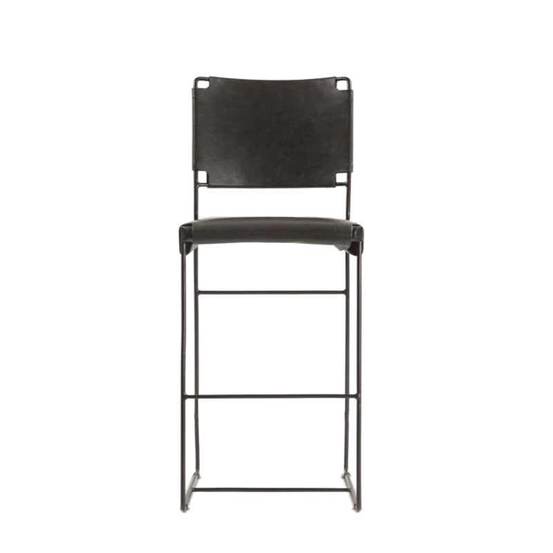 Bowden Counter Height Black Top Grain Buffalo Leather Stool w Iron Sled Legs