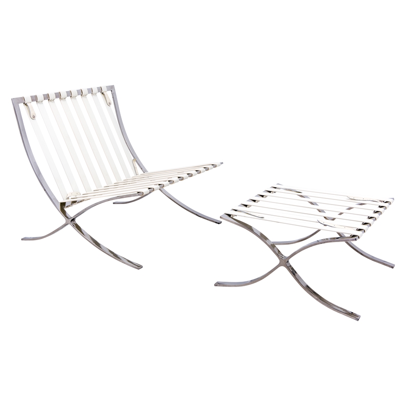 LeisureMod Bellefonte Modern Ivory Leather Tufted Accent Chair & Ottoman