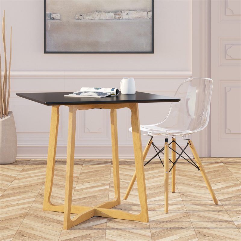 LeisureMod Dover Dining Side Chair With Wood Eiffel Base in Clear