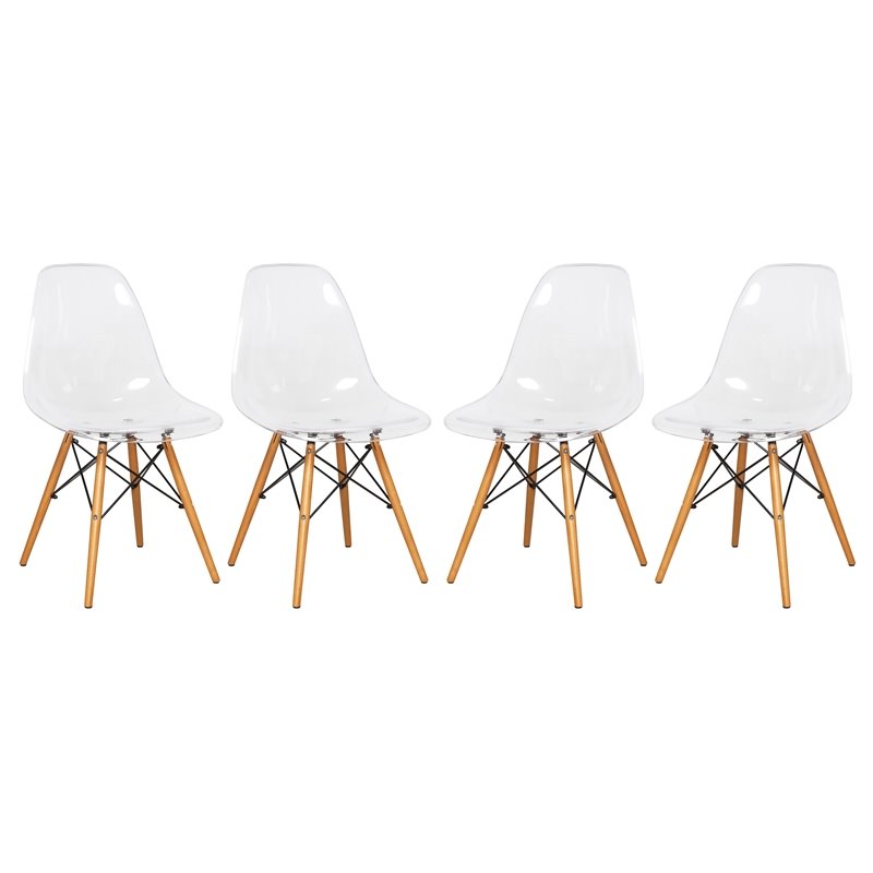 LeisureMod Dover Dining Side Chair With Wood Eiffel Base in Clear Set of 4