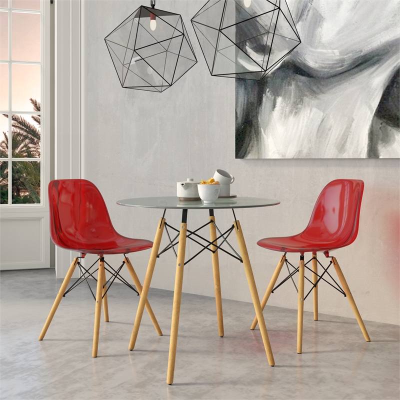LeisureMod Dover Dining Side Chair With Wood Eiffel Base in Red (Set of 2)