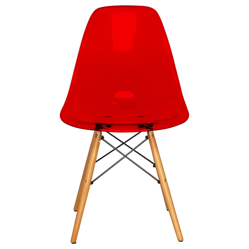 LeisureMod Dover Dining Side Chair With Wood Eiffel Base in Red (Set of 4)