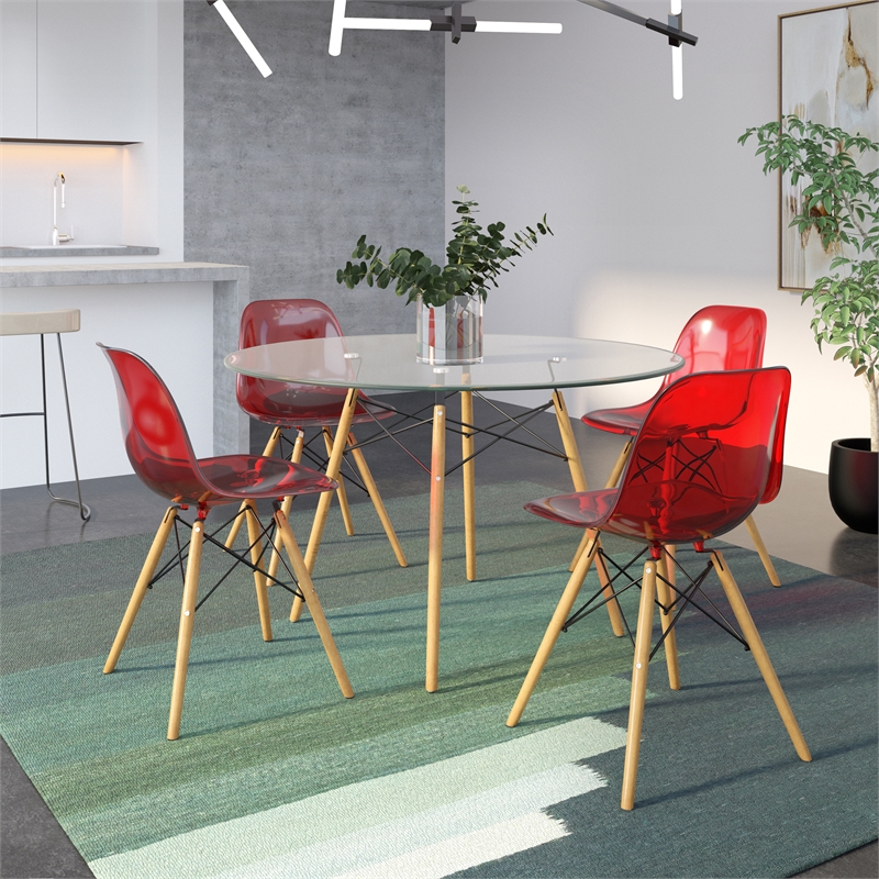 LeisureMod Dover Dining Side Chair With Wood Eiffel Base in Red (Set of 4)