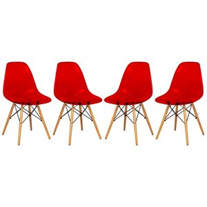LeisureMod Dover Dining Side Chair With Wood Eiffel Base in Red (Set of 4)