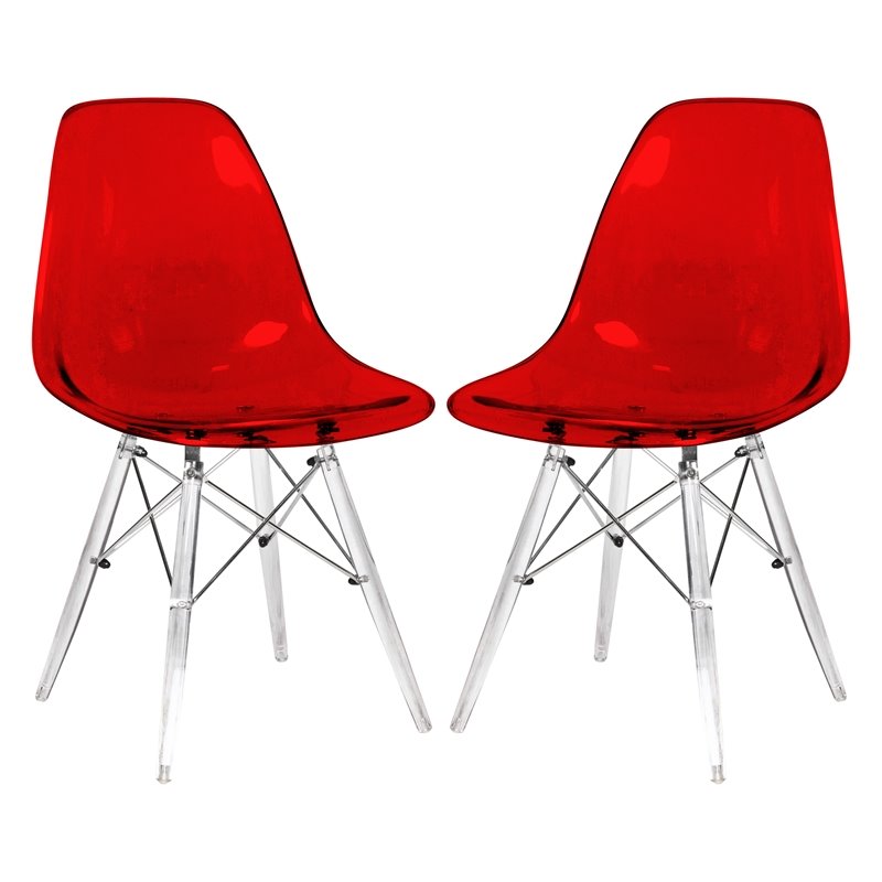 LeisureMod Dover Dining Side Chair With Acrylic Eiffel Base in Red Set of 2