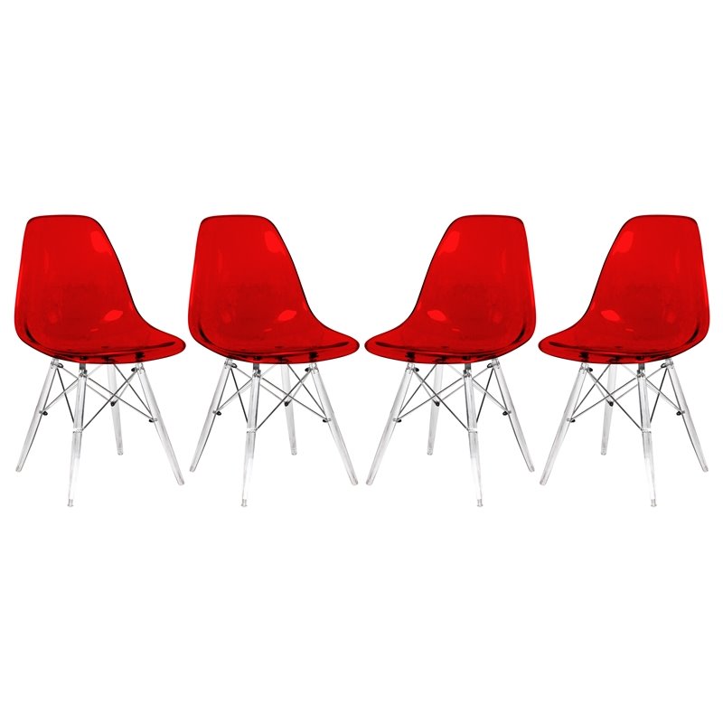 LeisureMod Dover Dining Side Chair With Acrylic Eiffel Base in Red Set of 4