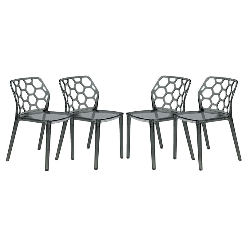 LeisureMod Dynamic Plastic Dining Side Chair Honeycomb Design in Black Set of 4