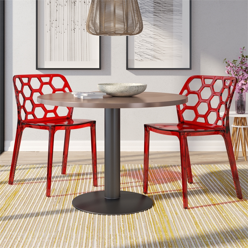LeisureMod Dynamic Plastic Dining Side Chair Honeycomb Design in Red Set of 2